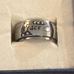Fidget Spinner Ring Clear Austrian Crystal Engraved Peace Stainless Steel